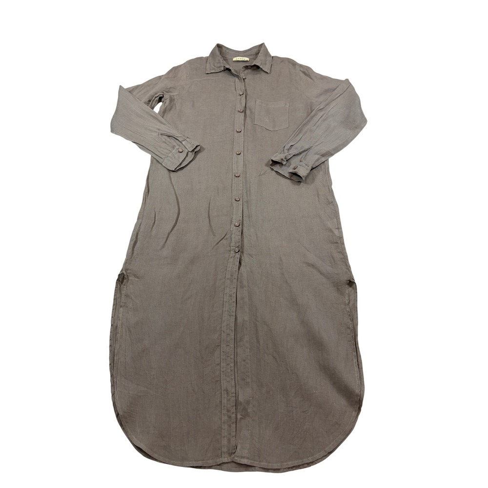 Stark X Womens Small 100% Linen Button Down Maxi Shirt Dress Taupe Gray USA Made